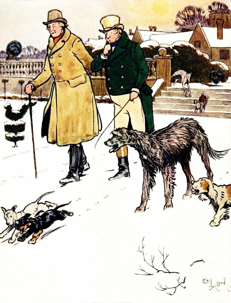 Christmas Day 1910 Walking dogs in snow Canvas Art - Cecil Aldin (24 x 36)
