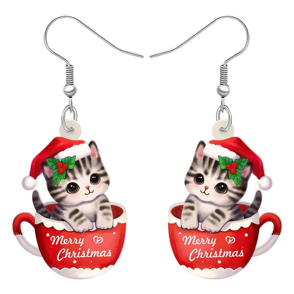 Christmas Day Acrylic Cute Coffee Cup Cat Earrings Santa Pets Dangle Jewelry For Women Charms Gifts