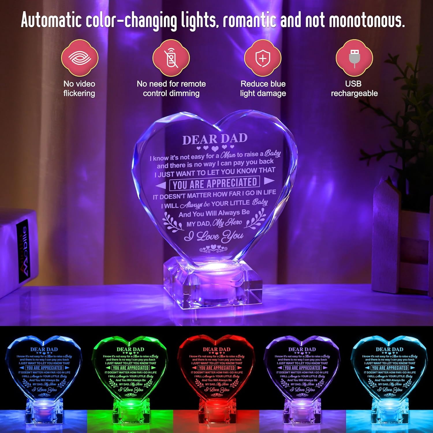 Christmas Day Birthday Gifts for Dad, Crystal Heart Father Appreciation ...