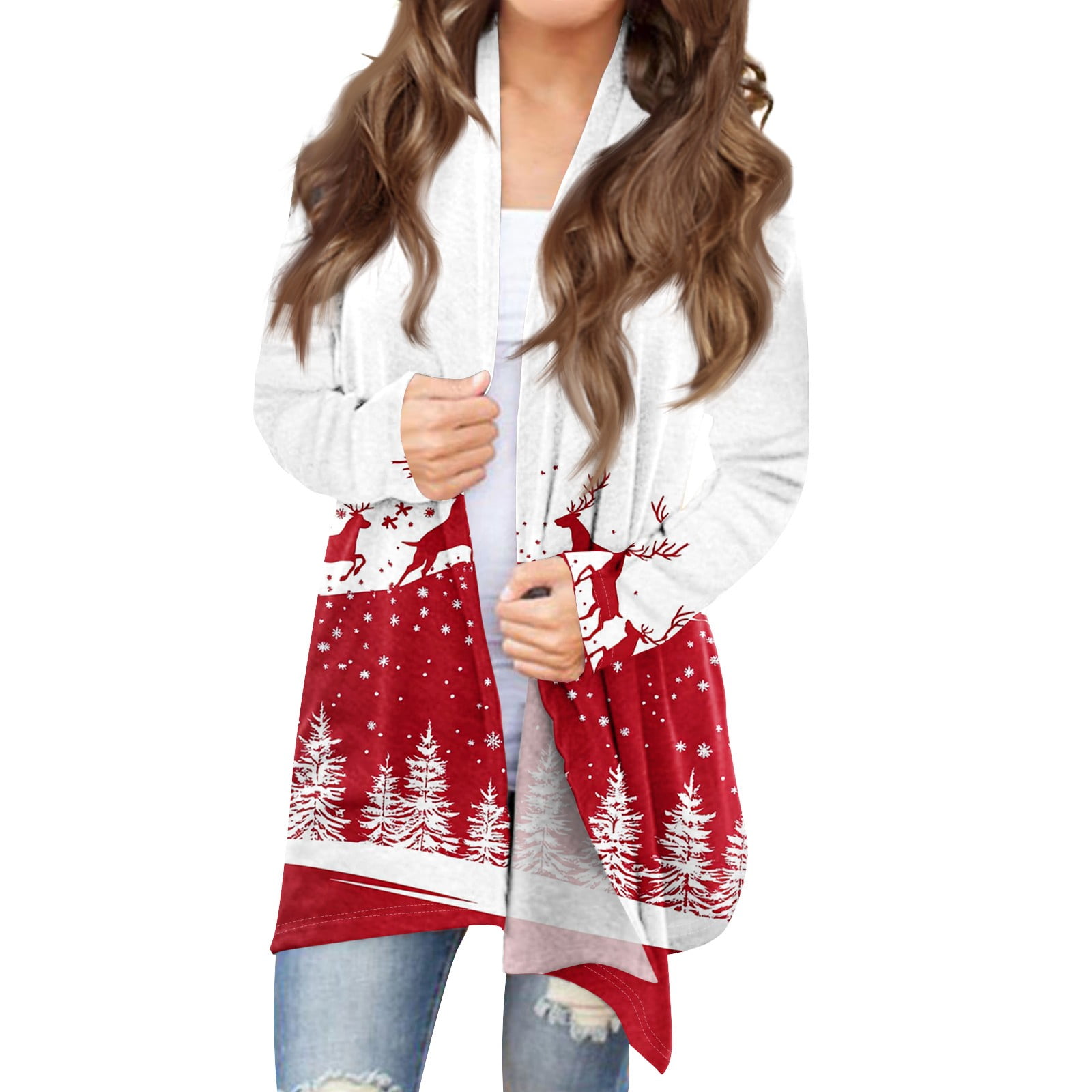 Christmas Day Cardigan for Women Casual Christmas Tree Xmas Open Front