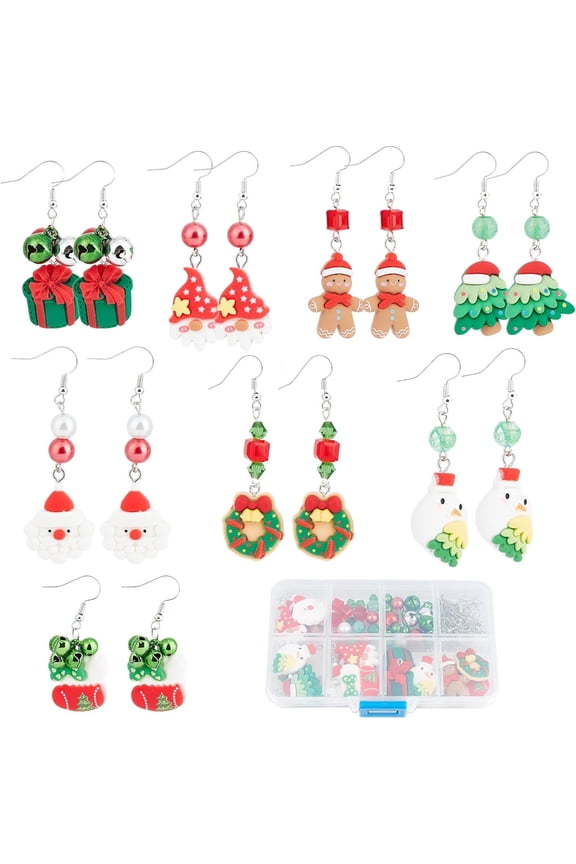 Christmas Day Earring Making Kit Including Bell Sock Wreath Tree Brass Resin Pendants Brass Earring Hooks Glass Cube Imitation Pearl Beads