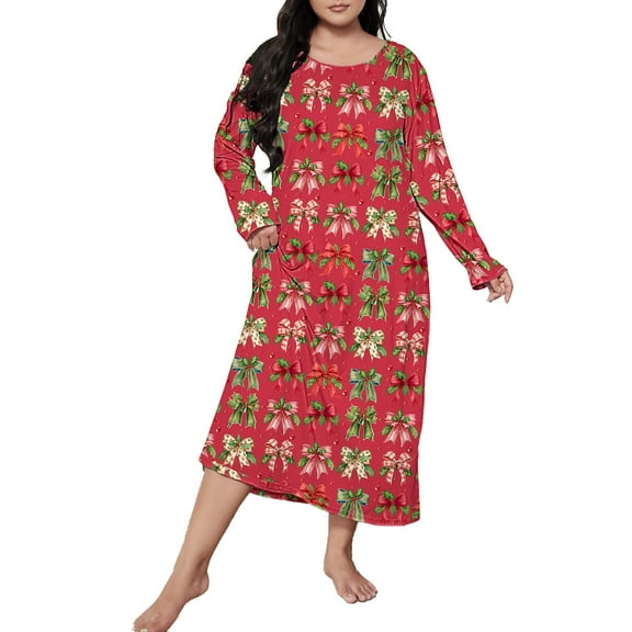 Christmas Day Nightgowns for Women Oversized Womens Dresses Cozy Long Sleeve Shirts Plus Size Loungewear Sleep Dress Hot Pink
