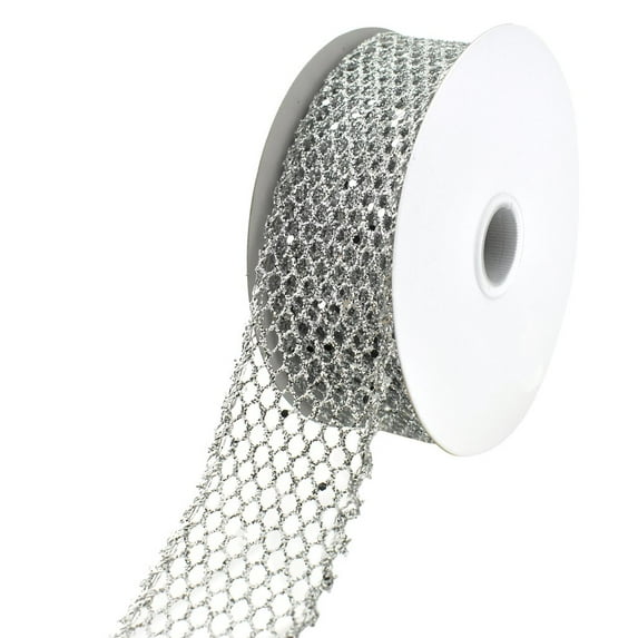 Christmas Dazzling Glitter Chunk Netting Wired Ribbon, 1-1/2-Inch, 10-Yard - Silver