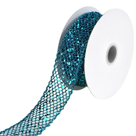 Christmas Dazzling Glitter Chunk Netting Wired Ribbon, 1-1/2-inch, 10-yard, Teal