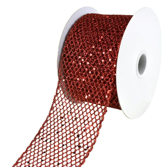 Christmas Dazzling Glitter Chunk Netting Wired Ribbon, 2-1/2-Inch, 10-Yard - Red