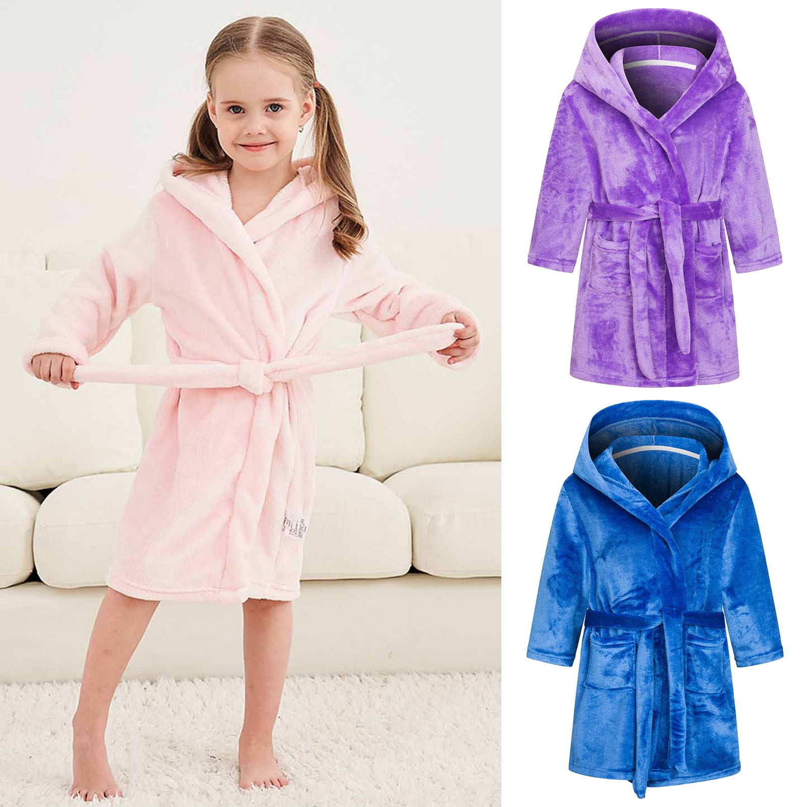 Christmas Deals 2023! Fleece Hooded Bathrobe for Toddlers Boys Girls