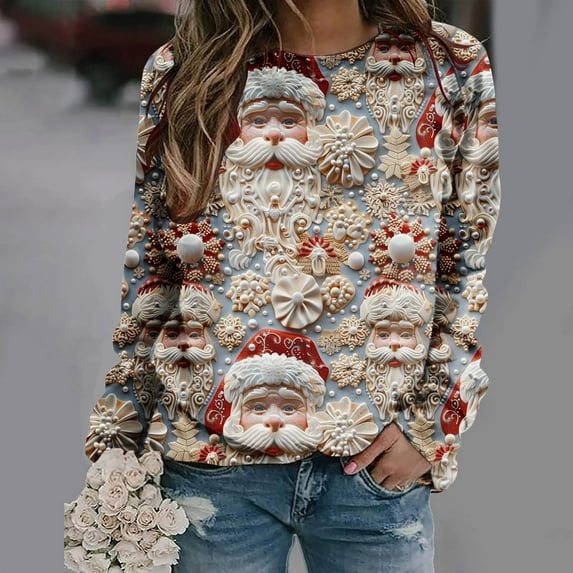 Christmas Deals Aueoeo Womens Christmas Shirts Amusing Print Long Sleeve Fall Pullover Casual Crewneck Color Block Sweatshirts Beige L