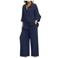 thumbnail image 1 of Christmas! Ohufall 2 Piece Outfits For Women, Summer Fall Women's Spring And Summer V-neck Loose Lapel Long Sleeved Shirt Wide Leg Pants Solid Color Set, 1 of 1
