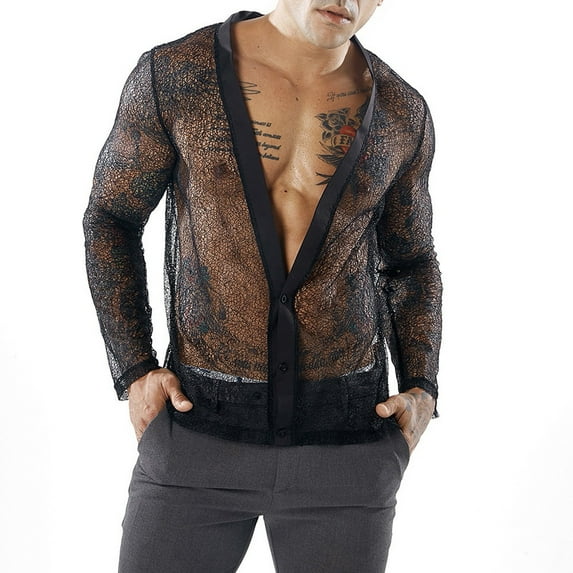 Christmas! Ohufall Mens Shirts,Long Sleeve Shirts for Men,Mesh Cardigan Sexy and Fashionable Solid Color Transparent V-neck Button Cardigan Top