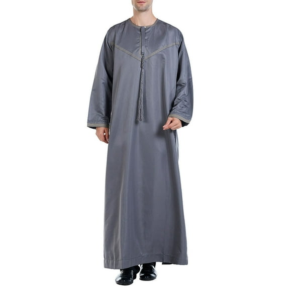Christmas Deals! Borniu Thobe,Robe for Men, Muslim Robe Arab Middle Robe Pattern Ear Long Sleeve Standing Neck Fashion Casual Robe Muslim Clothes for Men Clearance