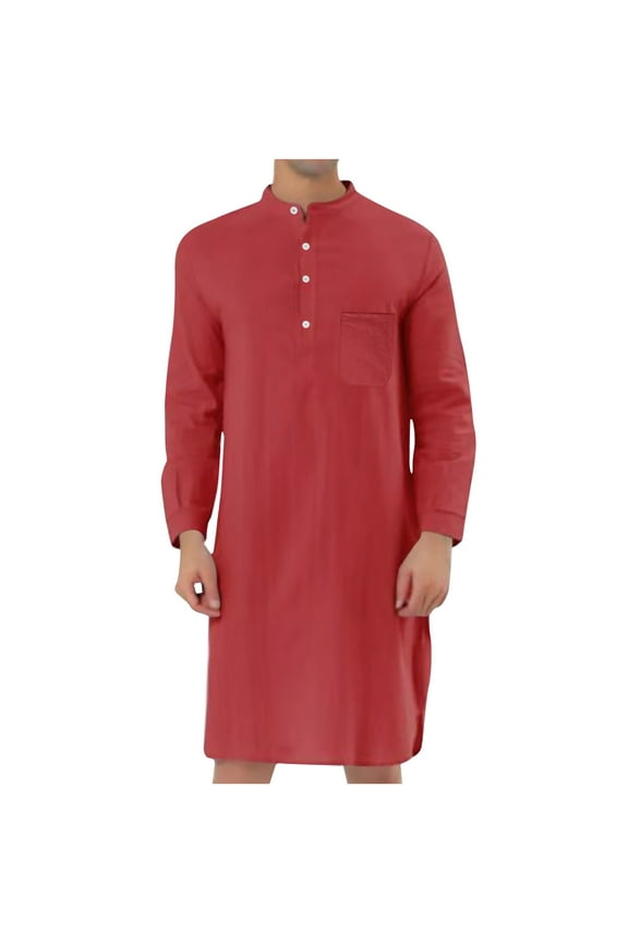 Christmas! Ohufall Thobe,Robe for Men, Muslim Robe Set Arab Middle Robe Long Sleeve Standing Neck Pocket Button Casual Robe Muslim Clothes for Men