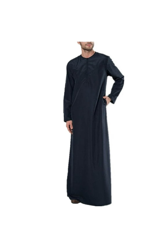 Christmas! Ohufall Thobe,Robe for Men, Muslim Robe Set Arab Middle Robe Long Sleeve Standing Neck Zipper Casual Robe Muslim Clothes for Men