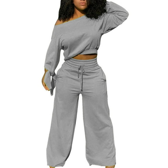 Christmas! Ohufall Women Sets 2 Piece Outfits, Summer Fall Women's New Casual Set Solid Color Long Sleeve Plush Loose Pants Two Piece Set