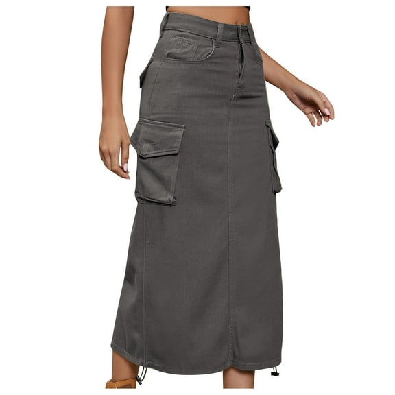 Christmas! Ohufall Women's Skirts Spring and Summer Denim Work Dress Pocket Skirt Casual Mid-length Skirt Summer Skirts