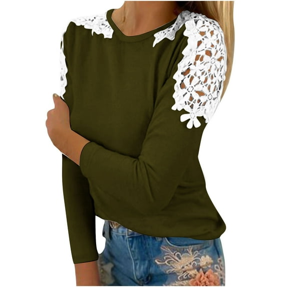 Christmas! Ohufall Womens Tops, Women's Summer Casual Long Sleeve Blouse Round Neck Solid Lace Tops T-Shirt Fall Clothes