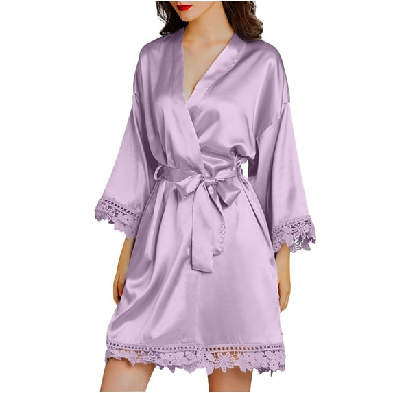 Christmas Deals! Clearance! Ohufall Pajamas for Women, Women's Casual Homewear Long-Sleeve V-Neck Dress Solid Color Lace Night-Robe One Size