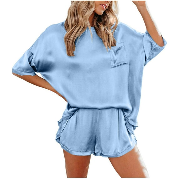 Christmas Deals! Clearance! Borniu Pajamas for Women, Women's Solid Color Pajamas Home Two Piece Set Casual Fashion Short Sleeve Top+Shorts for Women