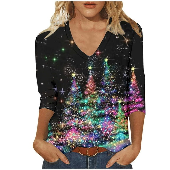 purcolt Christmas Shirts for Women Glitter Christmas Tree Print 3/4 Length Sleeve V Neck Tunic Tops Graphic Tees Blouse Holiday Xmas Shirts