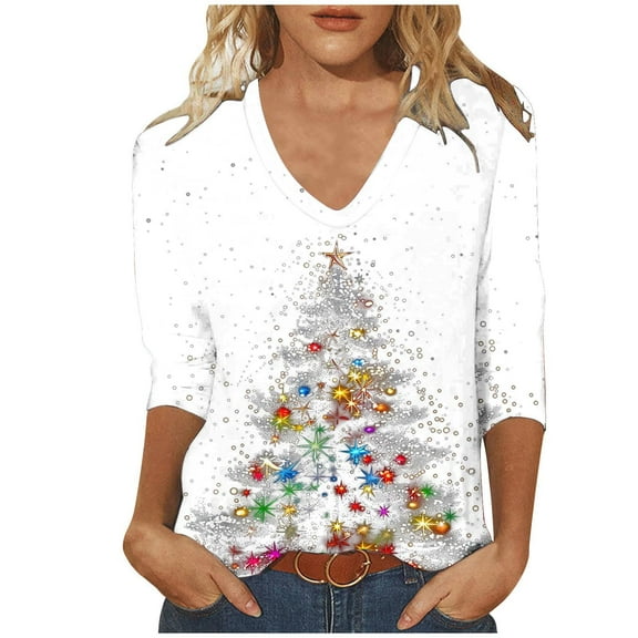 Joau Women's Ugly Christmas Shirts Glitter Christmas Tree Print 3/4 Length Sleeve V Neck Tunic Tops Holiday Xmas Shirts Graphic Tees Blouse