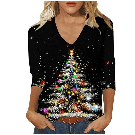 Joau Women's Ugly Christmas Shirts Glitter Christmas Tree Print 3/4 Length Sleeve V Neck Tunic Tops Holiday Xmas Shirts Graphic Tees Blouse