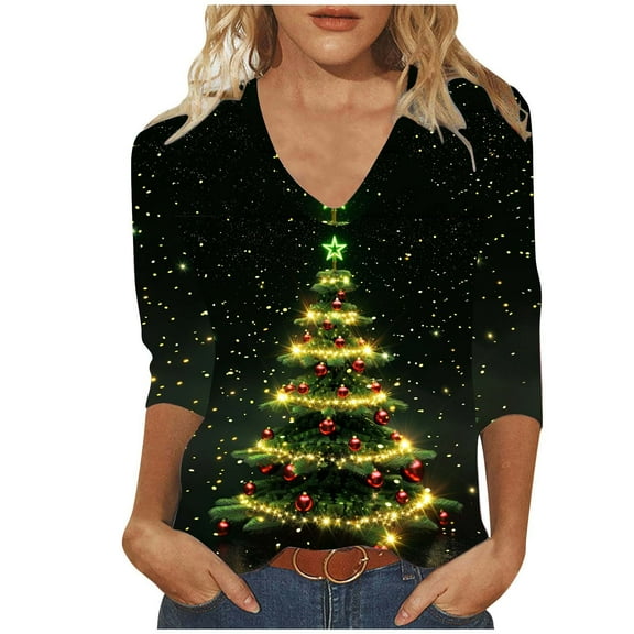 Joau Women's Ugly Christmas Shirts Glitter Christmas Tree Print 3/4 Length Sleeve V Neck Tunic Tops Holiday Xmas Shirts Graphic Tees Blouse