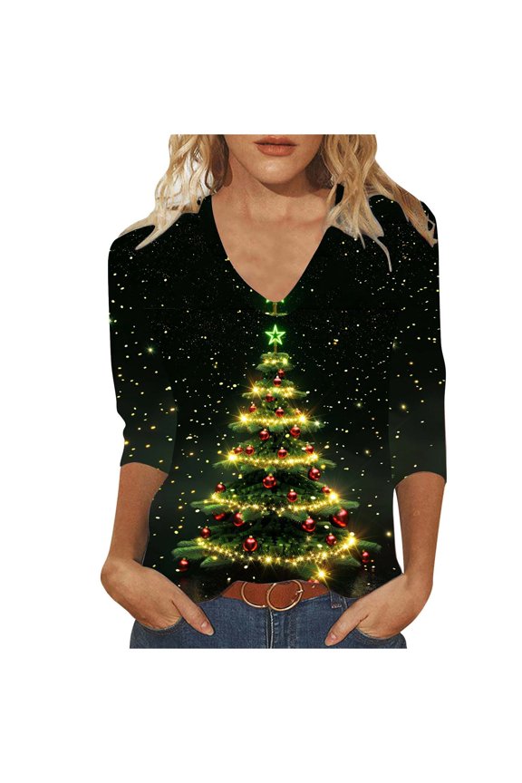 Joau Women's Ugly Christmas Shirts Glitter Christmas Tree Print 3/4 Length Sleeve V Neck Tunic Tops Holiday Xmas Shirts Graphic Tees Blouse