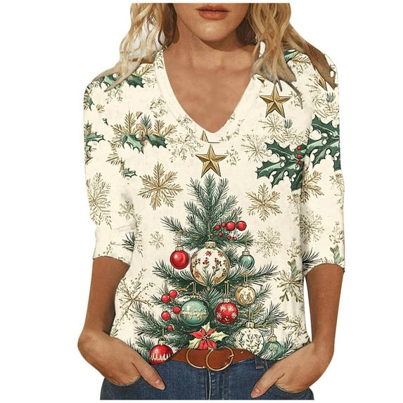 Joau Women's Ugly Christmas Shirts Glitter Christmas Tree Print 3/4 Length Sleeve V Neck Tunic Tops Holiday Xmas Shirts Graphic Tees Blouse