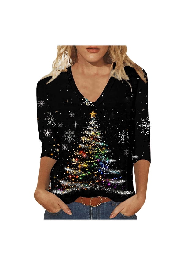 Joau Women's Ugly Christmas Shirts Glitter Christmas Tree Print 3/4 Length Sleeve V Neck Tunic Tops Holiday Xmas Shirts Graphic Tees Blouse