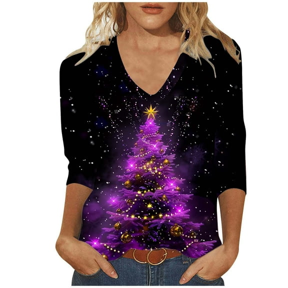 Joau Women's Ugly Christmas Shirts Glitter Christmas Tree Print 3/4 Length Sleeve V Neck Tunic Tops Holiday Xmas Shirts Graphic Tees Blouse
