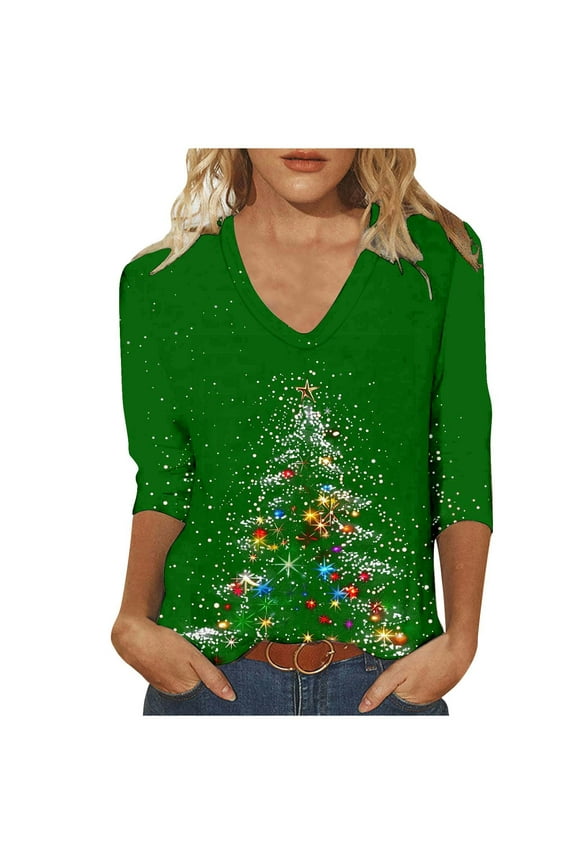 Joau Women's Ugly Christmas Shirts Glitter Christmas Tree Print 3/4 Length Sleeve V Neck Tunic Tops Holiday Xmas Shirts Graphic Tees Blouse