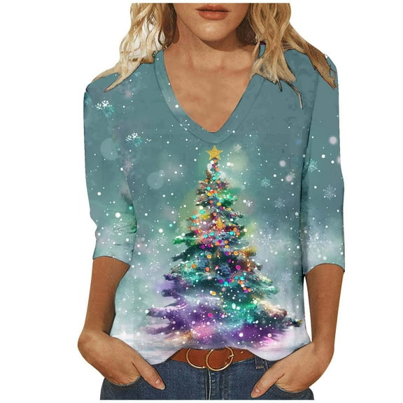 Joau Women's Ugly Christmas Shirts Glitter Christmas Tree Print 3/4 Length Sleeve V Neck Tunic Tops Holiday Xmas Shirts Graphic Tees Blouse
