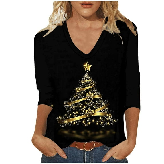 Joau Women's Ugly Christmas Shirts Glitter Christmas Tree Print 3/4 Length Sleeve V Neck Tunic Tops Holiday Xmas Shirts Graphic Tees Blouse