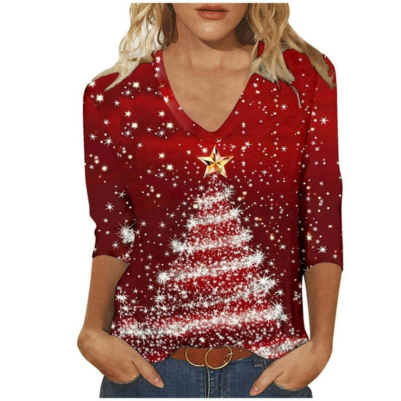 Joau Women's Ugly Christmas Shirts Glitter Christmas Tree Print 3/4 Length Sleeve V Neck Tunic Tops Holiday Xmas Shirts Graphic Tees Blouse