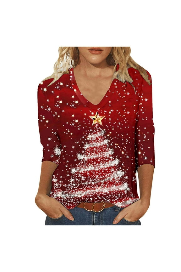 Joau Women's Ugly Christmas Shirts Glitter Christmas Tree Print 3/4 Length Sleeve V Neck Tunic Tops Holiday Xmas Shirts Graphic Tees Blouse