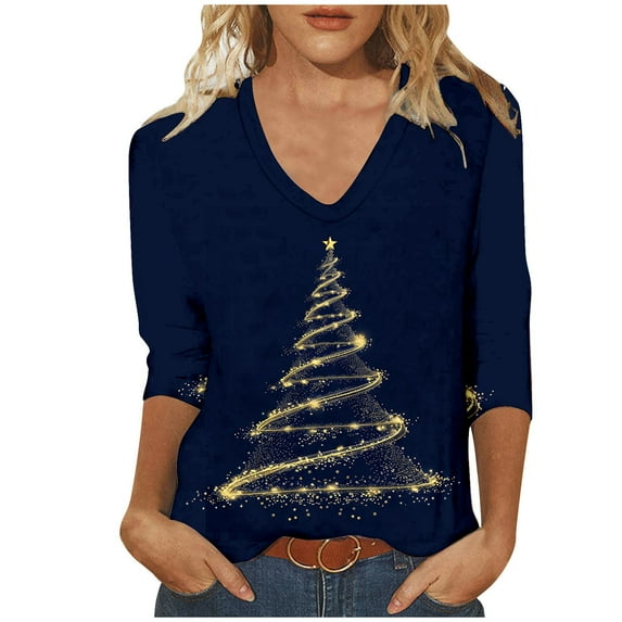 Joau Women's Ugly Christmas Shirts Glitter Christmas Tree Print 3/4 Length Sleeve V Neck Tunic Tops Holiday Xmas Shirts Graphic Tees Blouse
