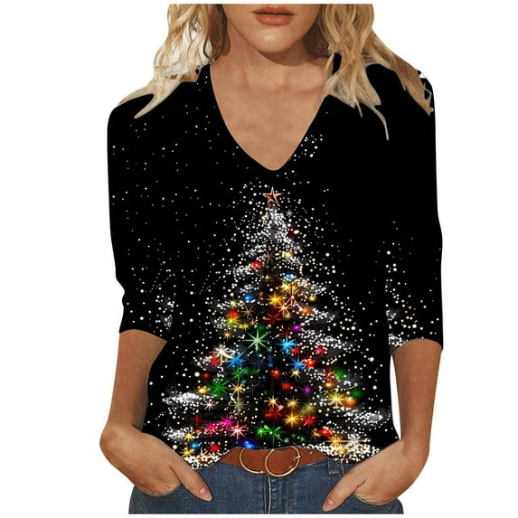 Joau Women's Ugly Christmas Shirts Glitter Christmas Tree Print 3/4 Length Sleeve V Neck Tunic Tops Holiday Xmas Shirts Graphic Tees Blouse