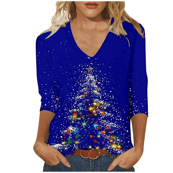 Joau Women's Ugly Christmas Shirts Glitter Christmas Tree Print 3/4 Length Sleeve V Neck Tunic Tops Holiday Xmas Shirts Graphic Tees Blouse