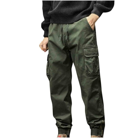 Ndbuld Men's Casual Cargo Sweatpants Waist Drawstring Joggers Men's Fashion Casual Solid Color Cargo Zipper Pockets Elastic Waist Full Length Pants,Green,2XL