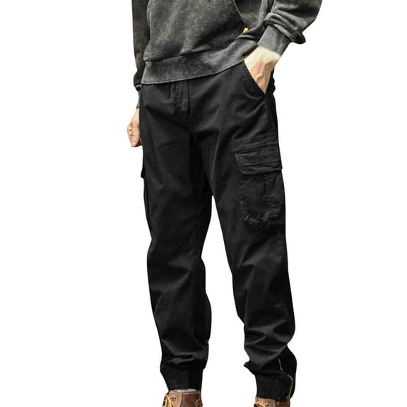 Ndbuld Men's Casual Cargo Sweatpants Waist Drawstring Joggers Men's Fashion Casual Solid Color Cargo Zipper Pockets Elastic Waist Full Length Pants,Black,4XL