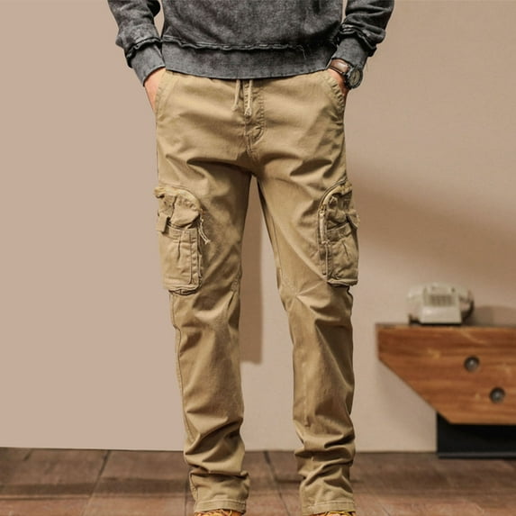 Ndbuld Men's Casual Cargo Sweatpants Waist Drawstring Joggers Men's Solid Color Multi-pocket Washed Cargo Pants Outdoor Casual Pants,Khaki,2XL