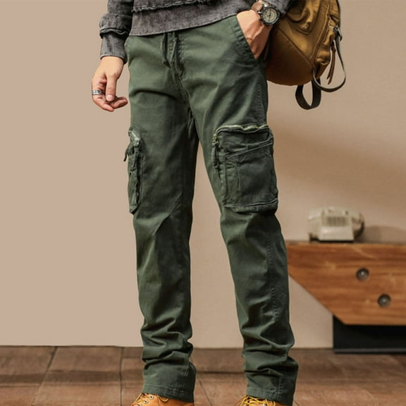 Ndbuld Men's Casual Cargo Sweatpants Waist Drawstring Joggers Men's Solid Color Multi-pocket Washed Cargo Pants Outdoor Casual Pants,Green,S