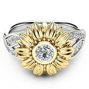 Christmas Deals SHOPESSA Christmas Gifts Jewelry Exquisite Women's Two Tone Silver Floral Ring Round Diamond Gold Sunflower Jewel on Clearance