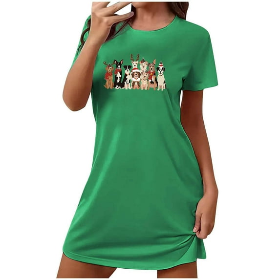 Christmas Deals Xysaqa Nightgown for Women Christmas Funny Dogs Print Sleep Shirt for Women Short Sleeve Nightshirts Novelty Pajama Tees Christmas Pajamas for Women Casual Sleepwear Green XL