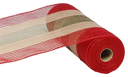 Christmas Deco Poly Jute Mesh, Natural Brown, Red, Moss Green Cotton Stripe, 10 Inch x 30 Feet