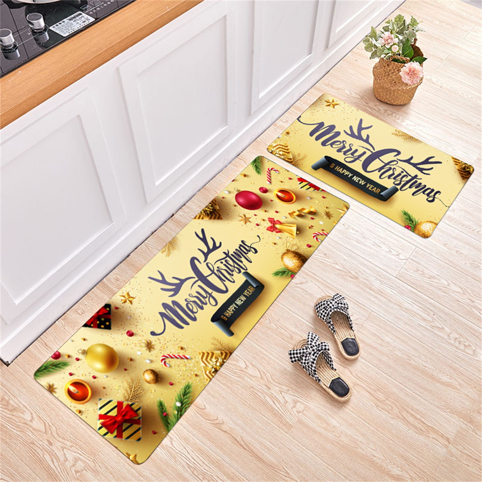 Christmas Decor 2 Piece Non Slip Kitchen Mat Runner Rug Set Doormat