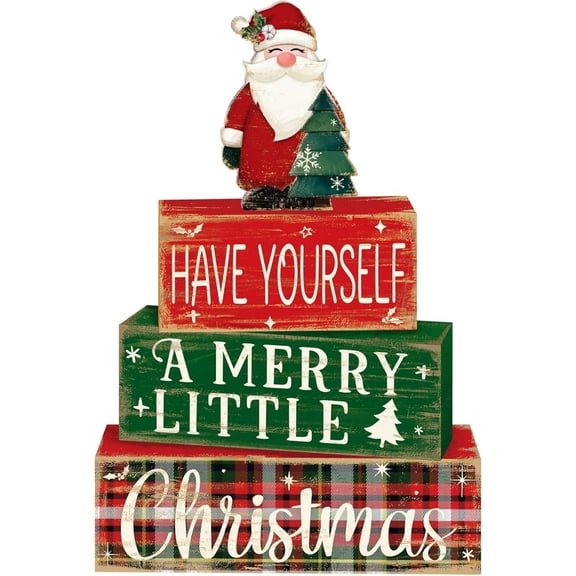 Christmas Decor - 4 Pcs Wooden Christmas Tree Tiered Tray Decor, Farmhouse Wooden Block Set, Xmas Centerpieces & Table Sign for Home Kitchen
