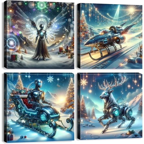Christmas Decor for Canvas Wall Art Bedroom Futuristic Decor Fantastic Robot Sleigh Deer Spaceship Pictures Prints Abstract Posters Living Room Men Boys Artwork Home Decoration 12x12 inch Unframed