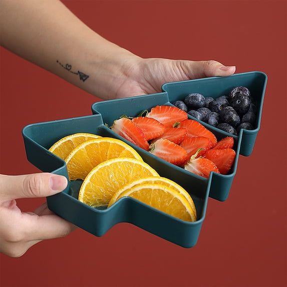 Christmas Decor,Christmas Dishes,Christmas Tree Shaped Snack Tray, 3 Compartments Plastic Serving Tray Reusable Washable Festive Table Decor for Holiday Party Family Gathering(Green 10in)