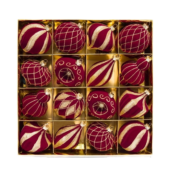 Christmas Decor, Christmas Tree Ornaments, Decorative Hanging Ornaments, Christmas Ornaments, Velvet Red Gold Glitter Design 16 Pack Set 13X13X3 in for Holiday Season Home Party