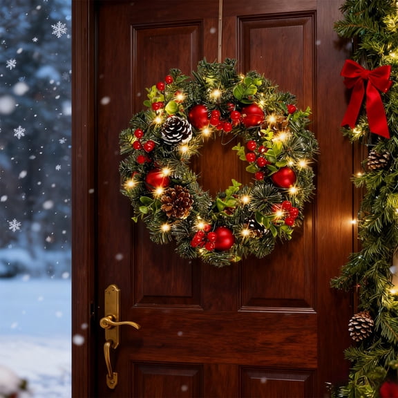 7.87inch, Christmas Decor, Christmas Wreath With Lights Berry Vines Hanging Garland For Front Door Decorations Holidays Home Festival Party Present, Holiday Gifts